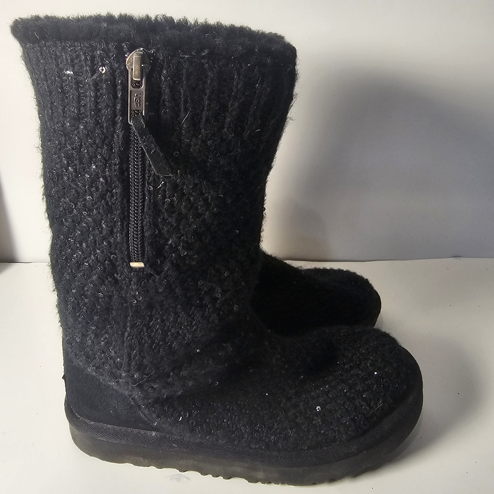 Ugg Australia Kids Sequin Knit  Boot Black Side Zipper Size 4